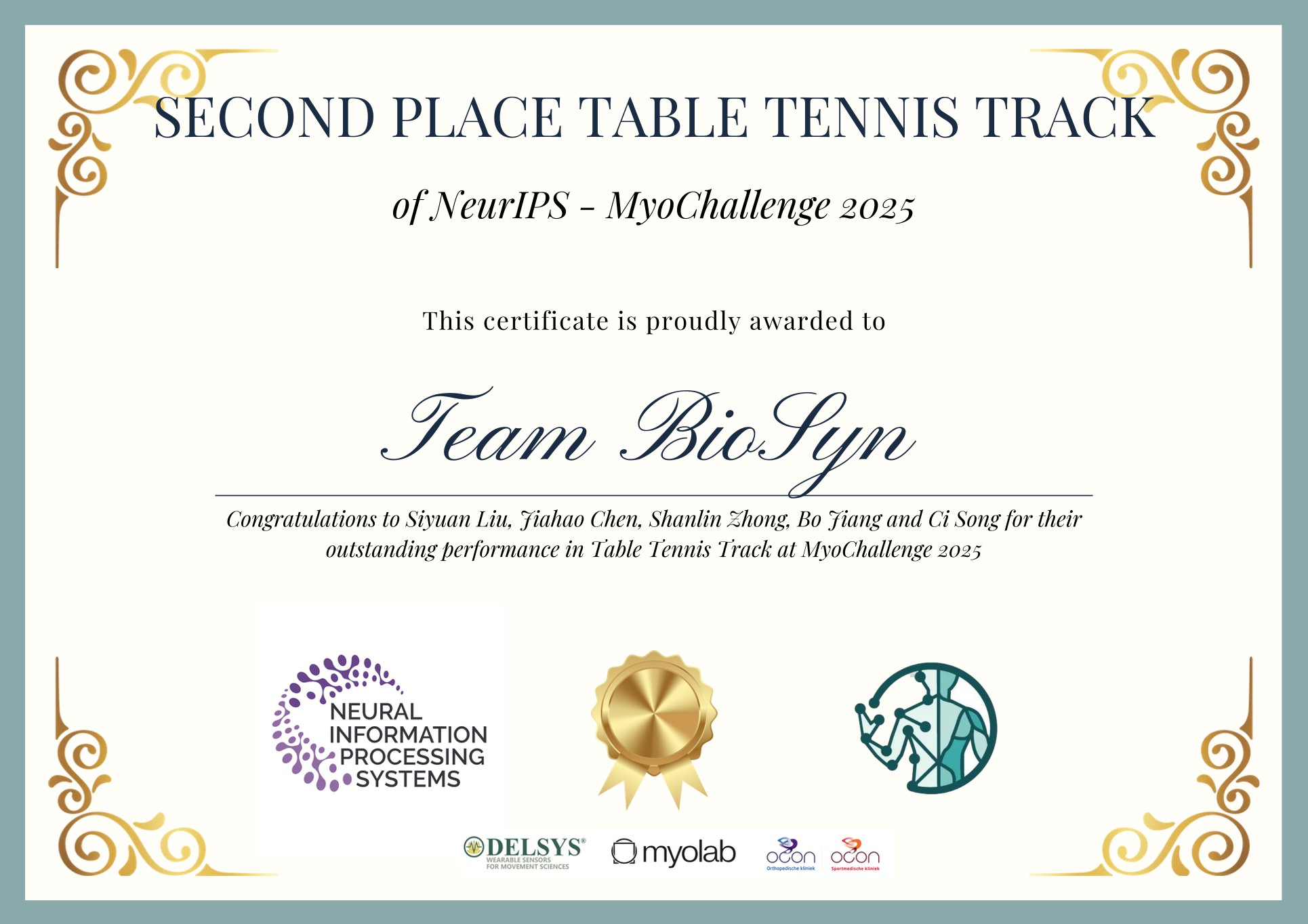 Team BioSyn certificate: second place in the NeurIPS MyoChallenge 2025 Table Tennis Track, awarded to Siyuan Liu, Jiahao Chen, Shanlin Zhong, Bo Jiang and Ci Song.
